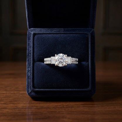 Diamond Round Center With Baguette Shoulders Ring In 14k White Gold — gift presentation