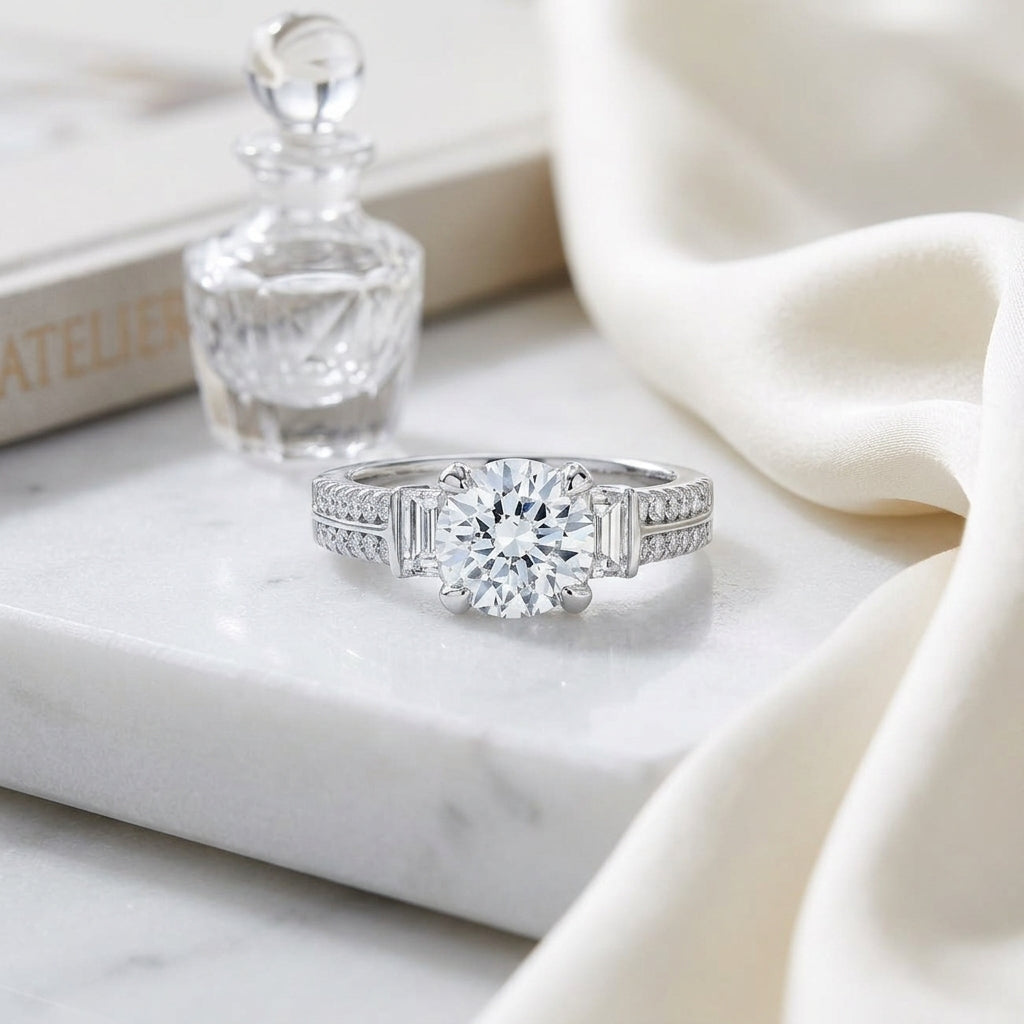 Diamond Round Center With Baguette Shoulders Ring In 14k White Gold — atelier still life