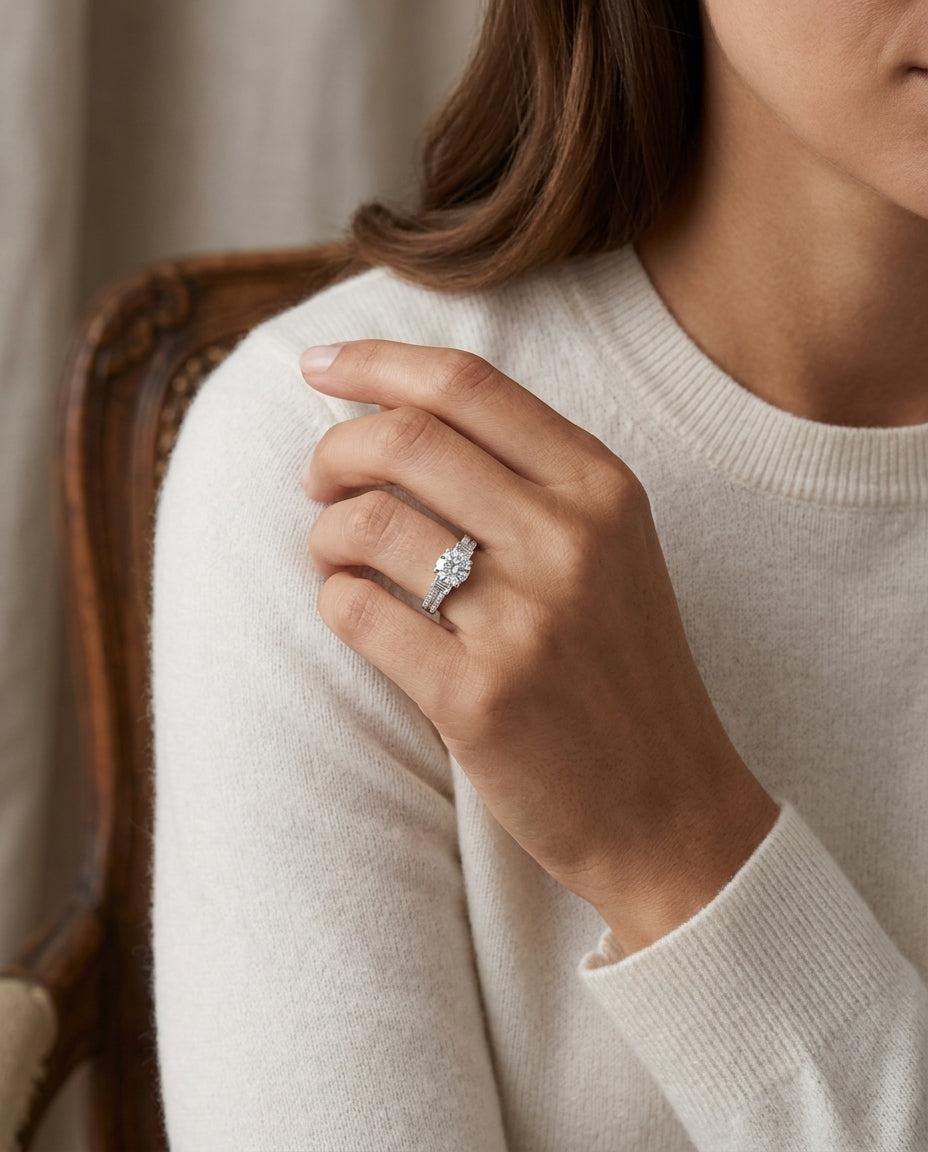 Diamond Round Center With Baguette Shoulders Ring In 14k White Gold — editorial close-up