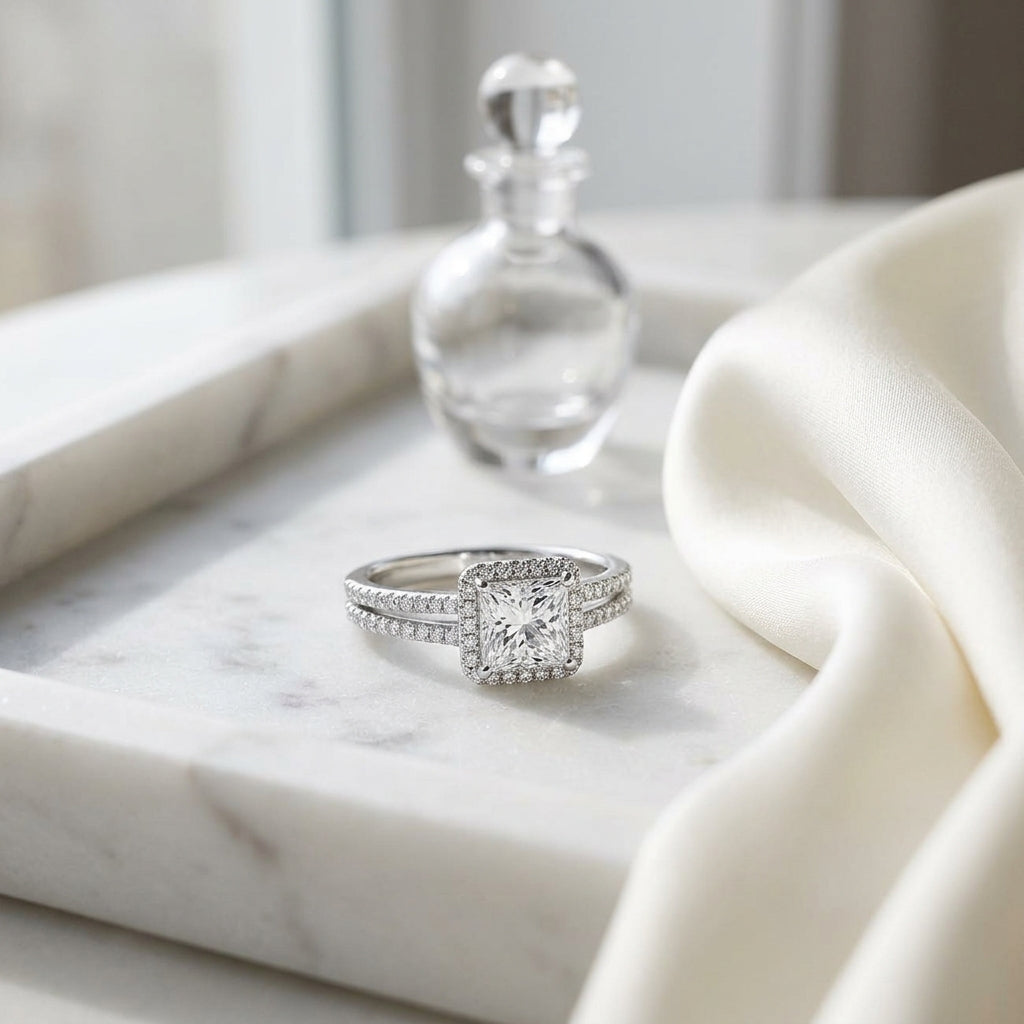 Diamond Princess Halo Wedding Set In 14k White Gold 0.70ct Ctr — atelier still life