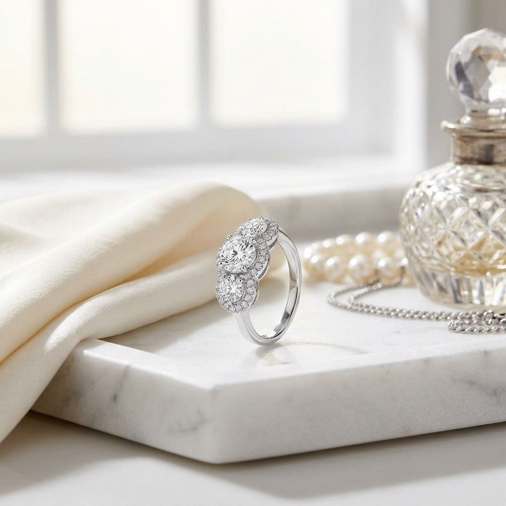 3 Stone Halo Ring in 14k White Gold (3/4 Ct.tw.) — marble silk