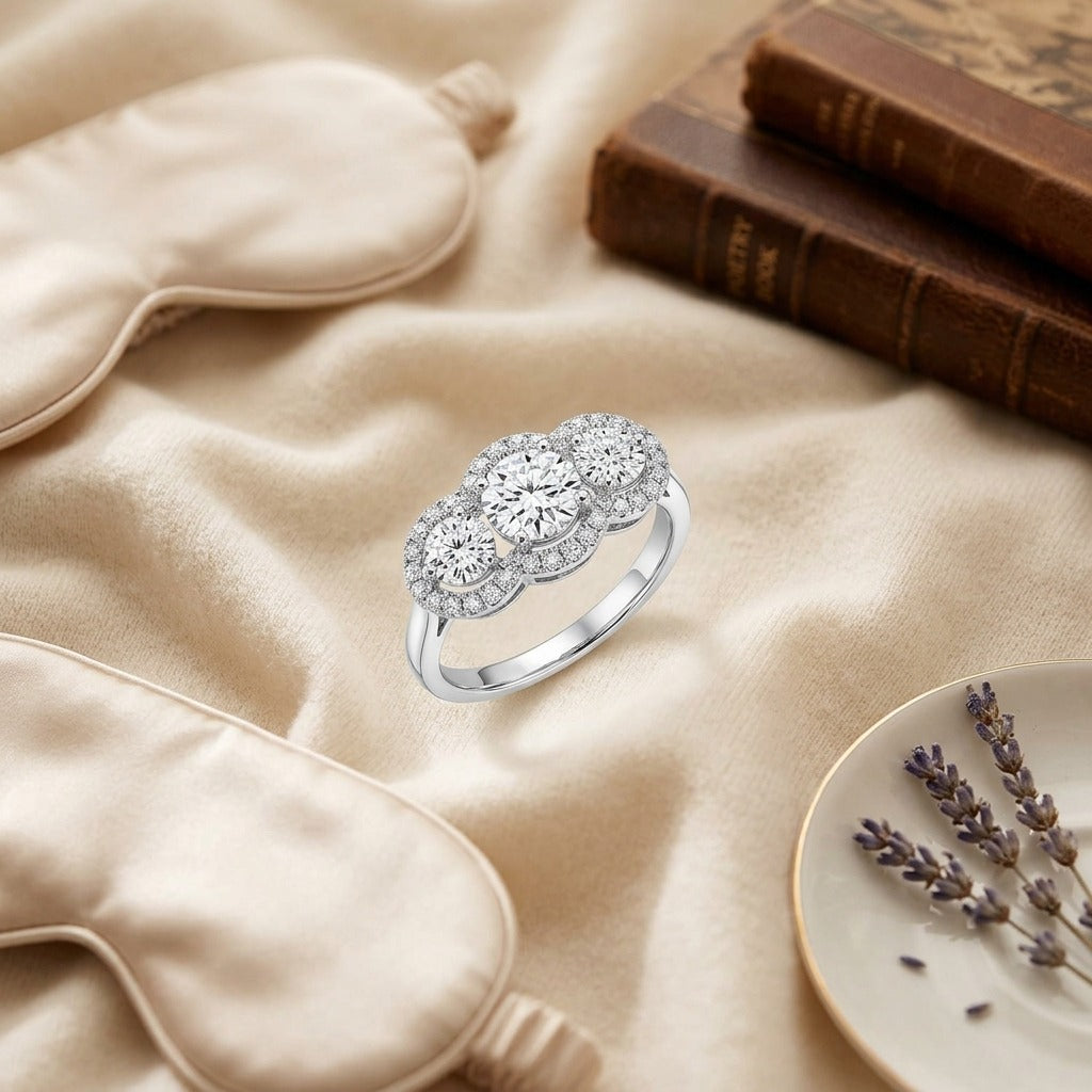 3 Stone Halo Ring in 14k White Gold (3/4 Ct.tw.) — textile flat lay