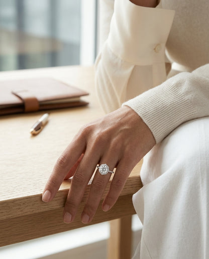 Pointed Halo Diamond Engagement Ring in 14k White Gold 1-1/5ctw — editorial close-up