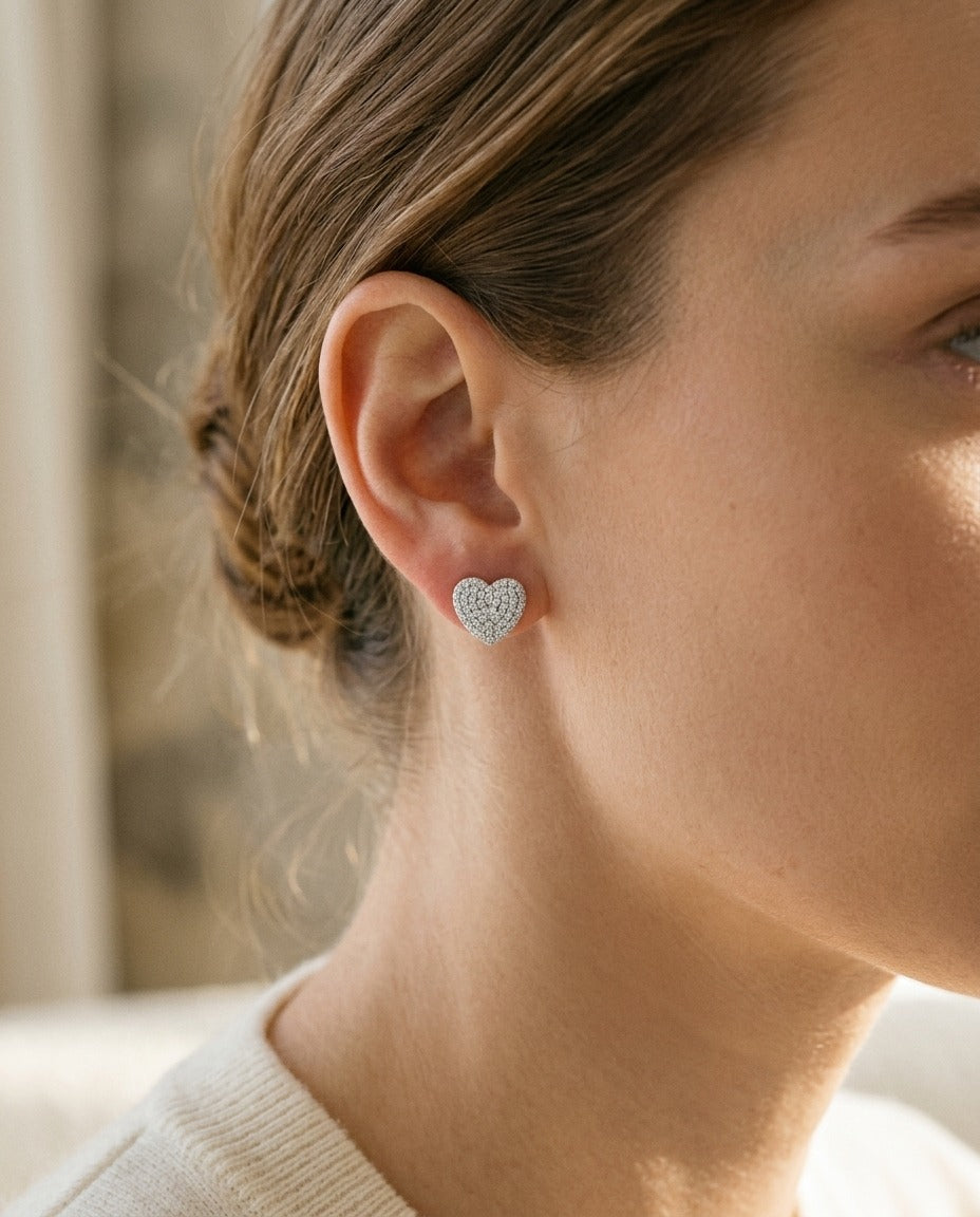 Diamond Heart Stud Earrings — portrait close