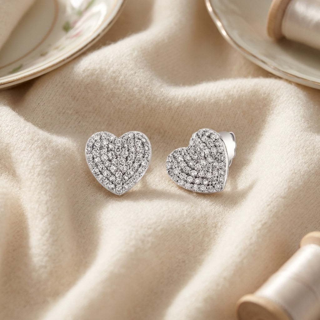 Diamond Heart Stud Earrings — textile flat lay