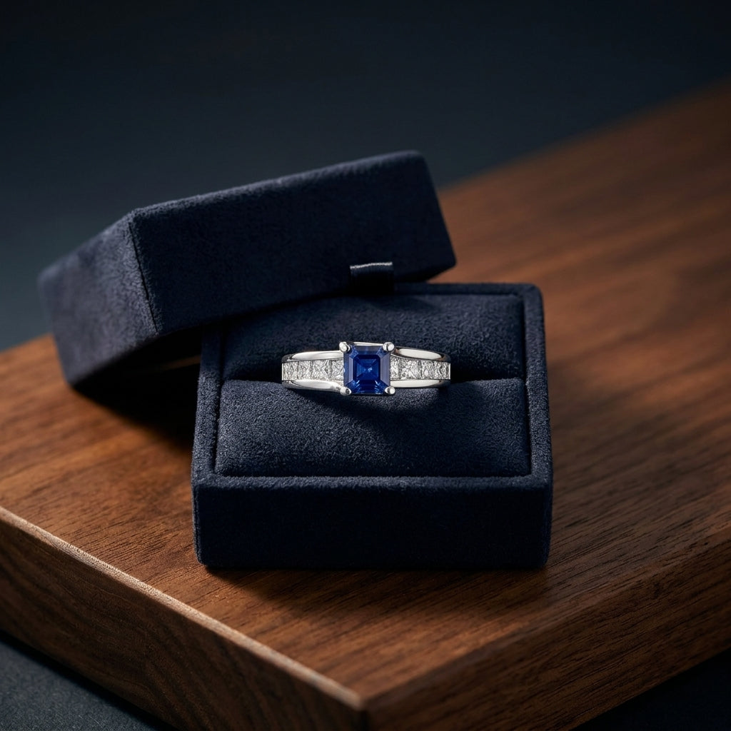 Sapphire And Diamond Channel Princess Ring In 14k White Gold (1.25ctw) — gift presentation