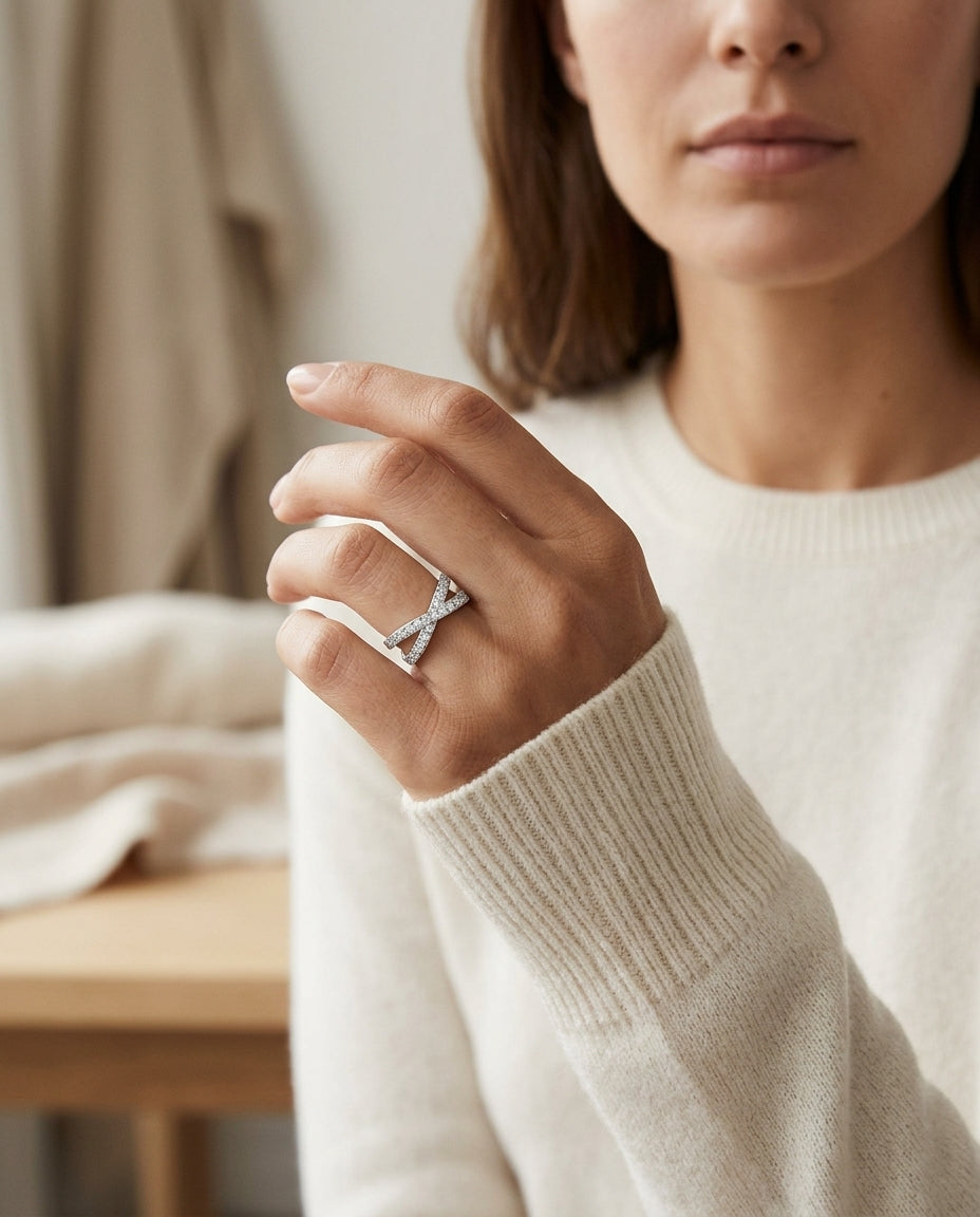 Diamond Pave Crossover Ring In 14k White Gold — editorial close-up