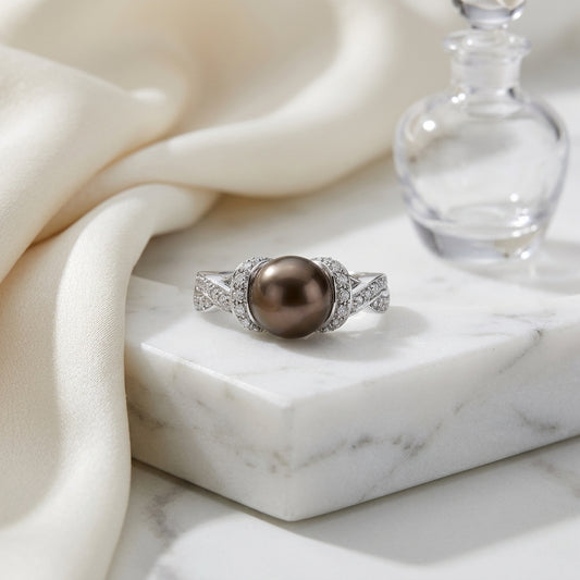 Black South Sea Pearl And Diamond Ring In 14k White Gold — atelier still life