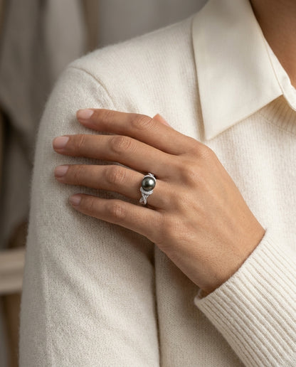 Black South Sea Pearl And Diamond Ring In 14k White Gold — editorial close-up
