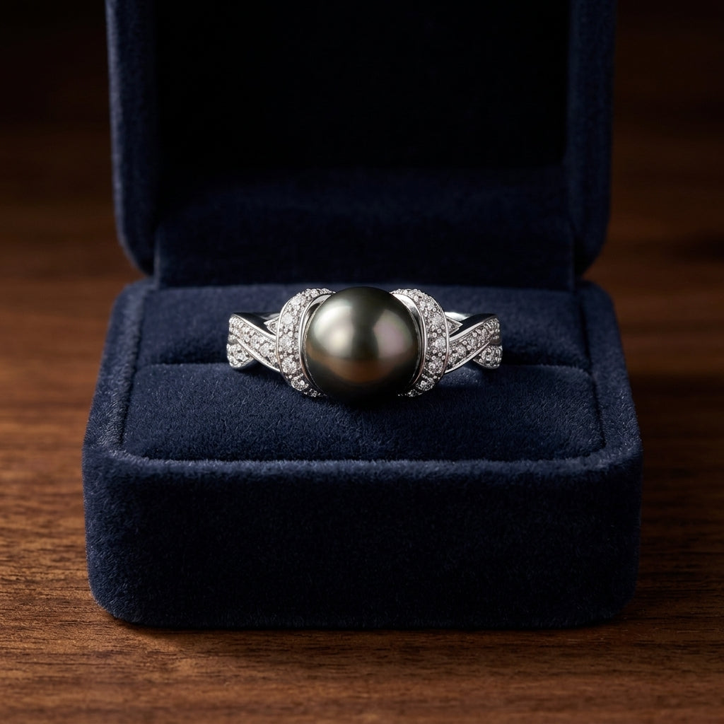 Black South Sea Pearl And Diamond Ring In 14k White Gold — gift presentation