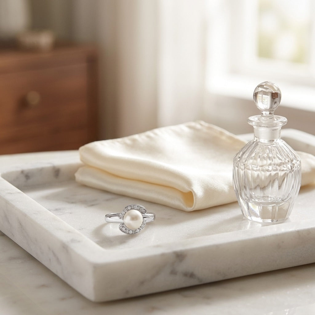 Akoya Pearl And Diamond Ring In 14k White Gold — marble silk