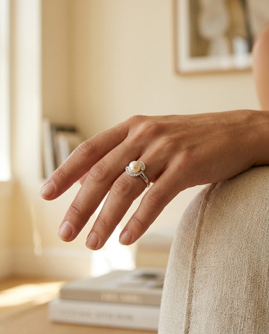 Akoya Pearl And Diamond Ring In 14k White Gold — portrait close