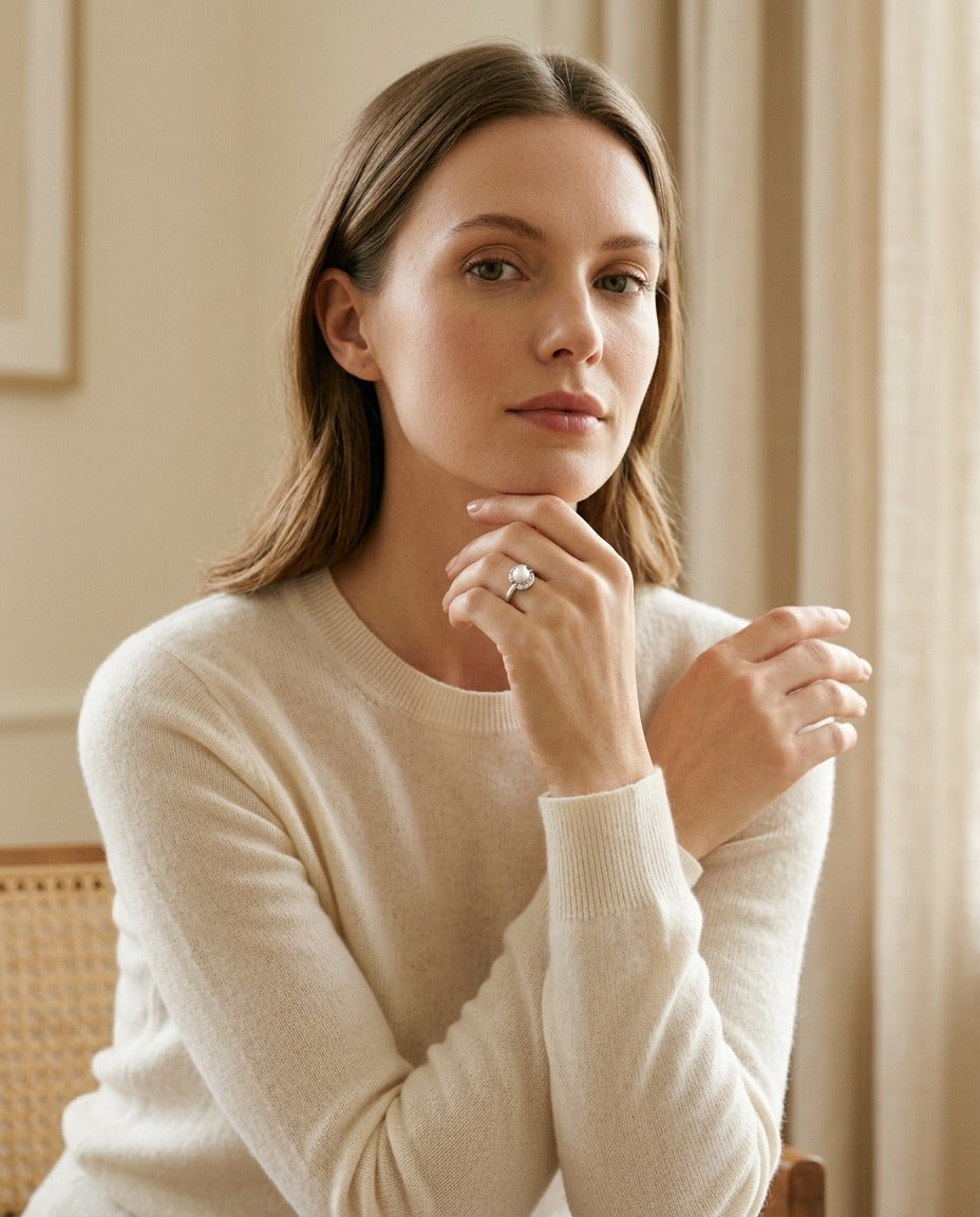 Akoya Pearl And Diamond Ring In 14k White Gold — portrait full