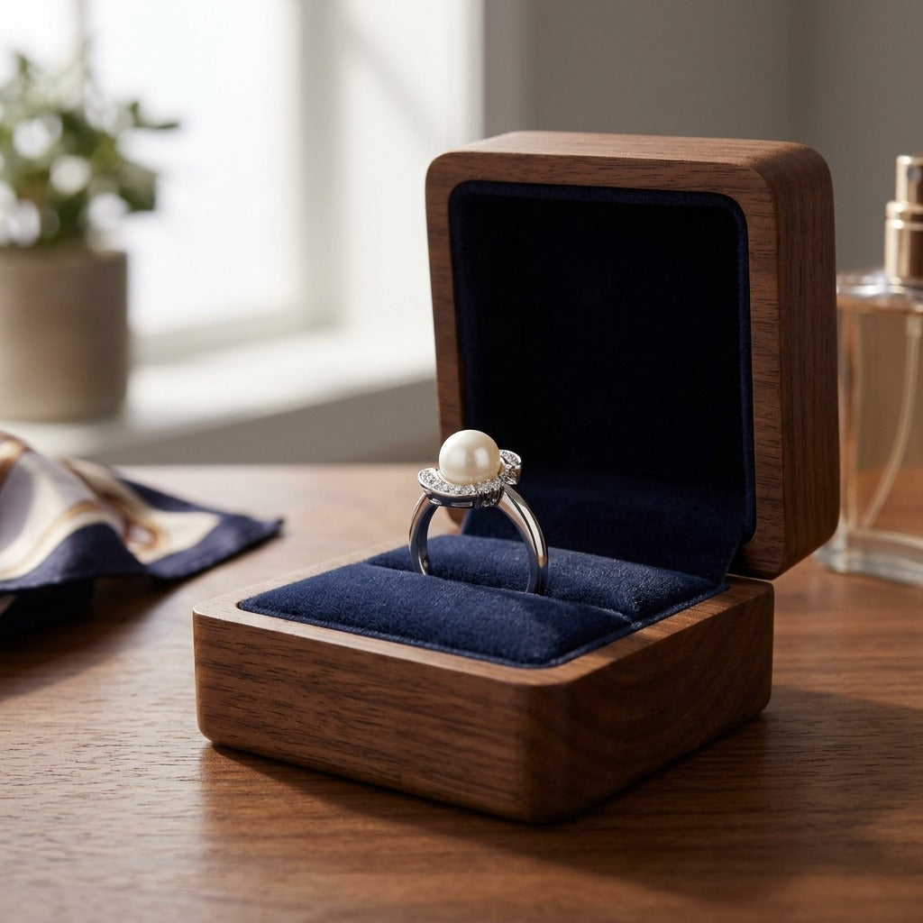 Akoya Pearl And Diamond Ring In 14k White Gold — velvet box