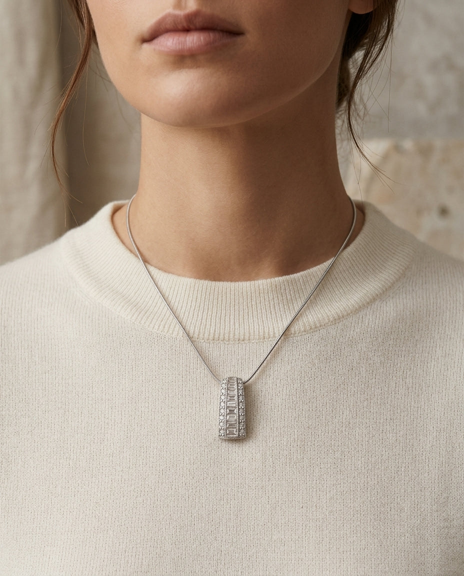 Diamond Channel Baguette Pendant In 14k White Gold (18-in Rolo Chain) — editorial close-up