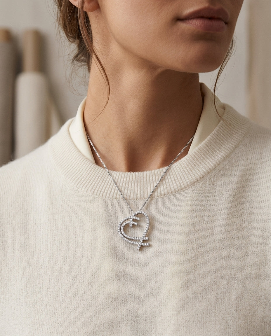 Diamond Double Heart Overlap Pendant In 14k White Gold — editorial close-up