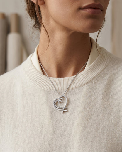 Diamond Double Heart Overlap Pendant In 14k White Gold — editorial close-up