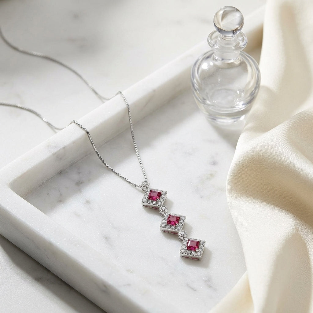 Pink Tourmaline And Diamond Triple Square Halo Drop Pendant In 14k White Gold (17-in Box Chain) — atelier still life