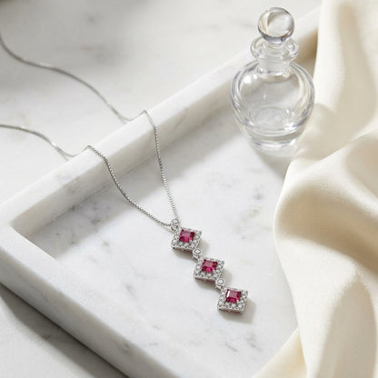 Pink Tourmaline And Diamond Triple Square Halo Drop Pendant In 14k White Gold (17-in Box Chain) — atelier still life