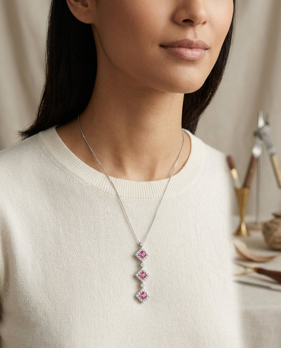 Pink Tourmaline And Diamond Triple Square Halo Drop Pendant In 14k White Gold (17-in Box Chain) — editorial close-up