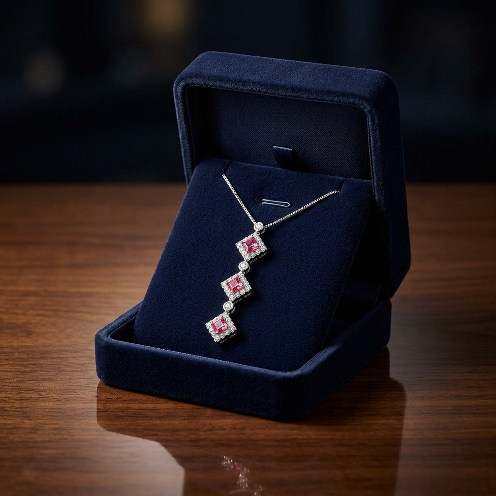 Pink Tourmaline And Diamond Triple Square Halo Drop Pendant In 14k White Gold (17-in Box Chain) — gift presentation