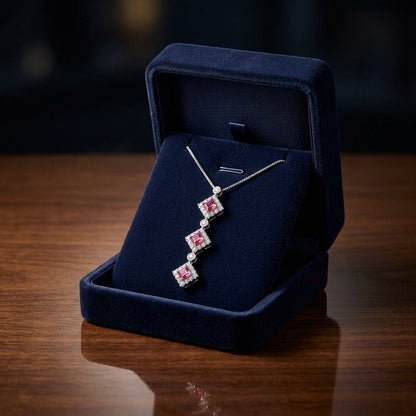Pink Tourmaline And Diamond Triple Square Halo Drop Pendant In 14k White Gold (17-in Box Chain) — gift presentation
