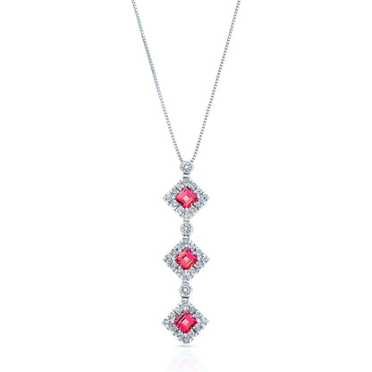 Pink Tourmaline And Diamond Triple Square Halo Drop Pendant In 14k White Gold (17-in Box Chain)