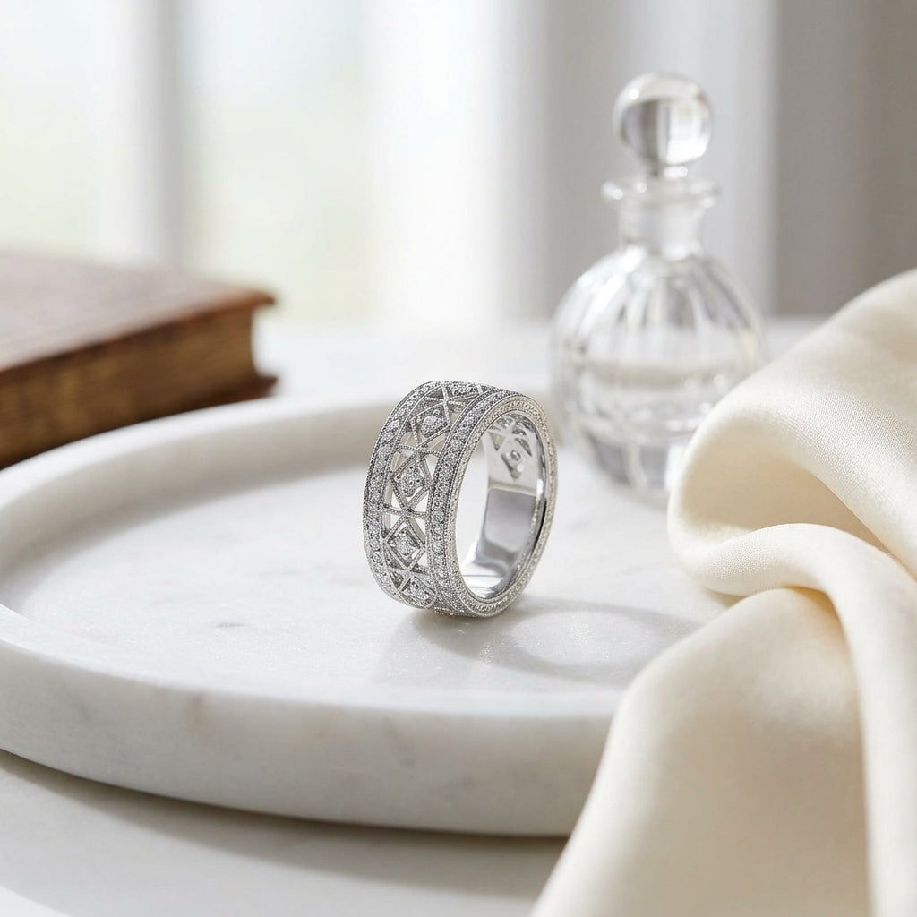 Diamond Cage Design Band With Milgrain Detail In 14k White Gold (si) — atelier still life