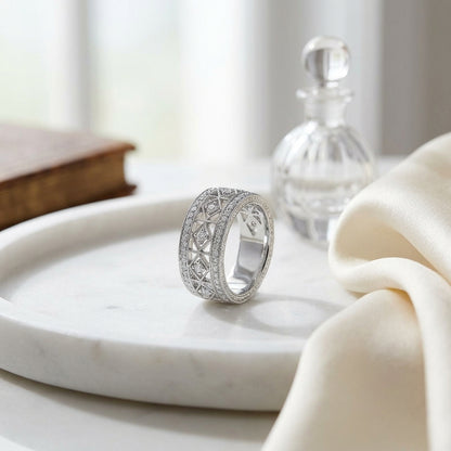 Diamond Cage Design Band With Milgrain Detail In 14k White Gold (si) — atelier still life