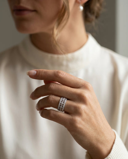 Diamond Cage Design Band With Milgrain Detail In 14k White Gold (si) — editorial close-up