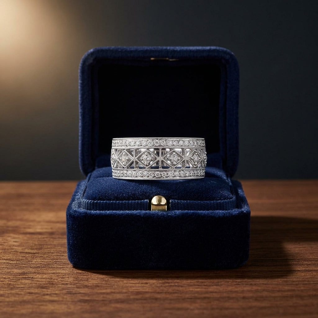 Diamond Cage Design Band With Milgrain Detail In 14k White Gold (si) — gift presentation