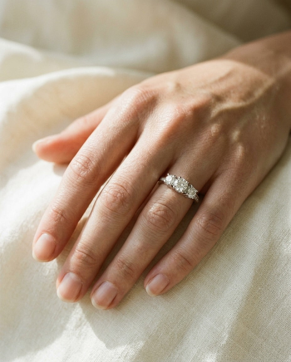 Diamond Three Stone Ring In 14k White Gold 1 Ctw — portrait close