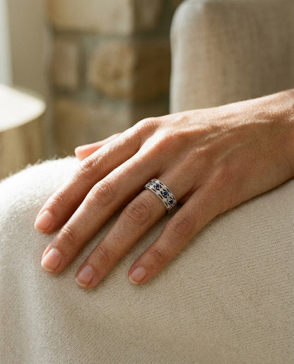 Sapphire and Diamond Triple Row Millgrain Ring in 14k White Gold — portrait close