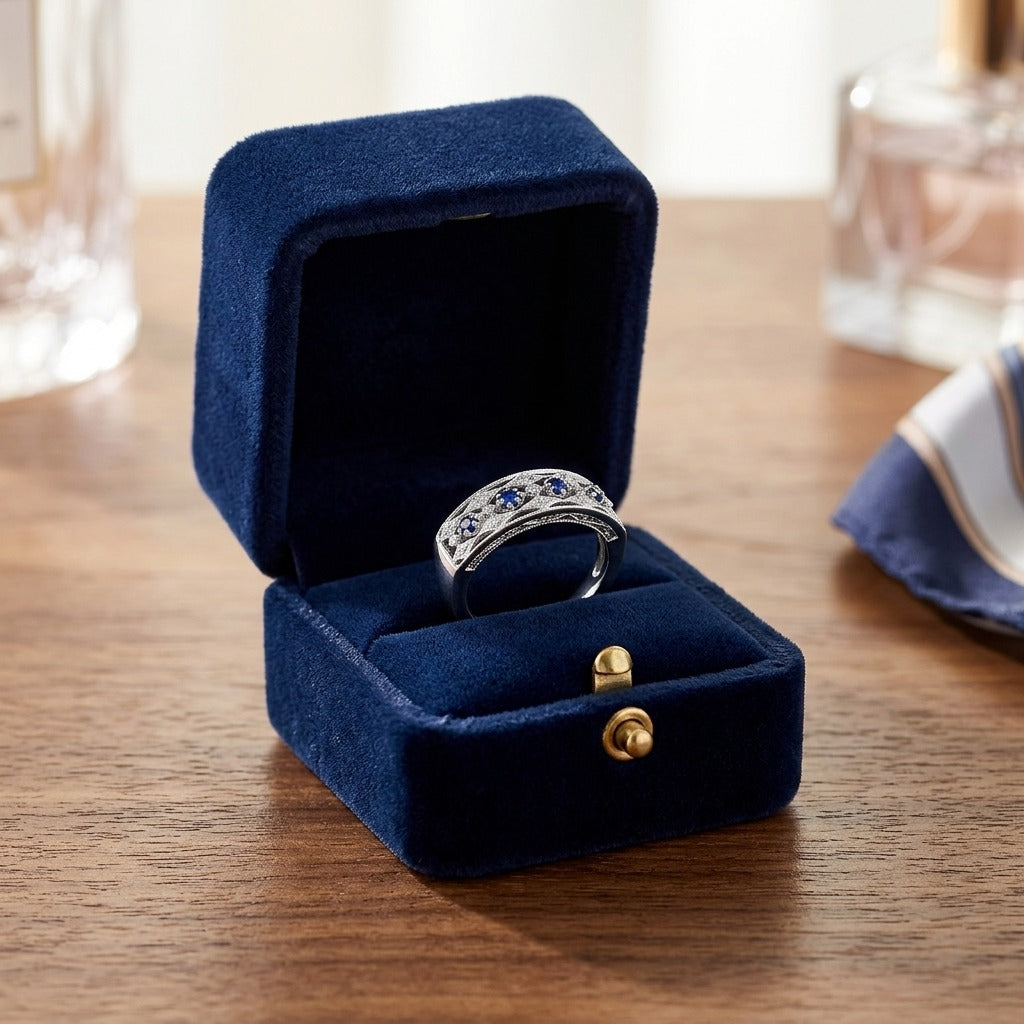 Sapphire and Diamond Triple Row Millgrain Ring in 14k White Gold — velvet box