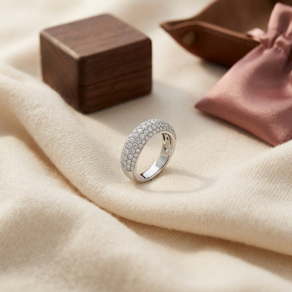 Diamond Pave Ring in 14k White Gold — textile flat lay