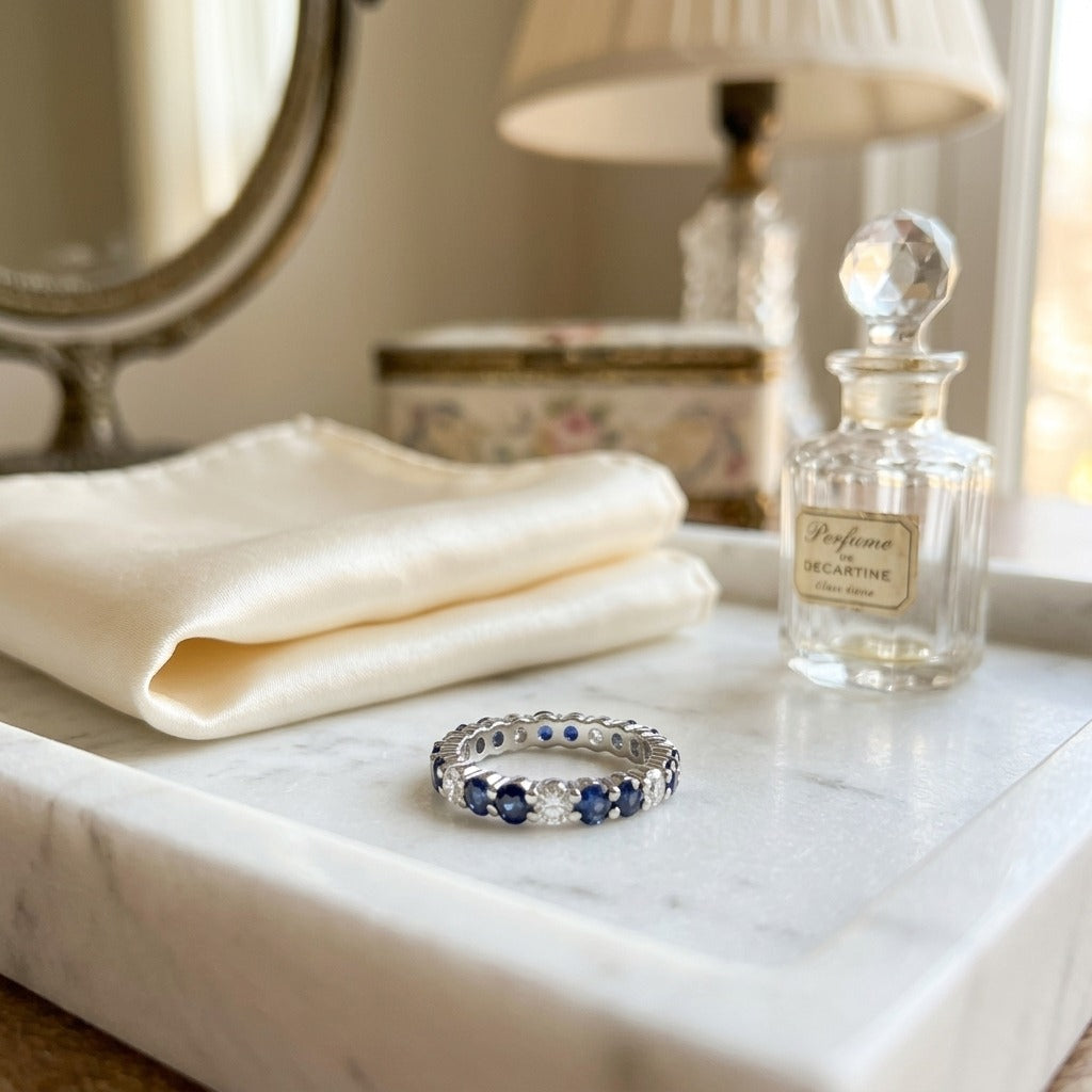 Custom Eternity Band in 14k White Gold with 14 Round Diamonds 1.87ctw and 7 Blue Sapphires 0.75ctw, Finger Size 7, Ckg Stock — marble silk
