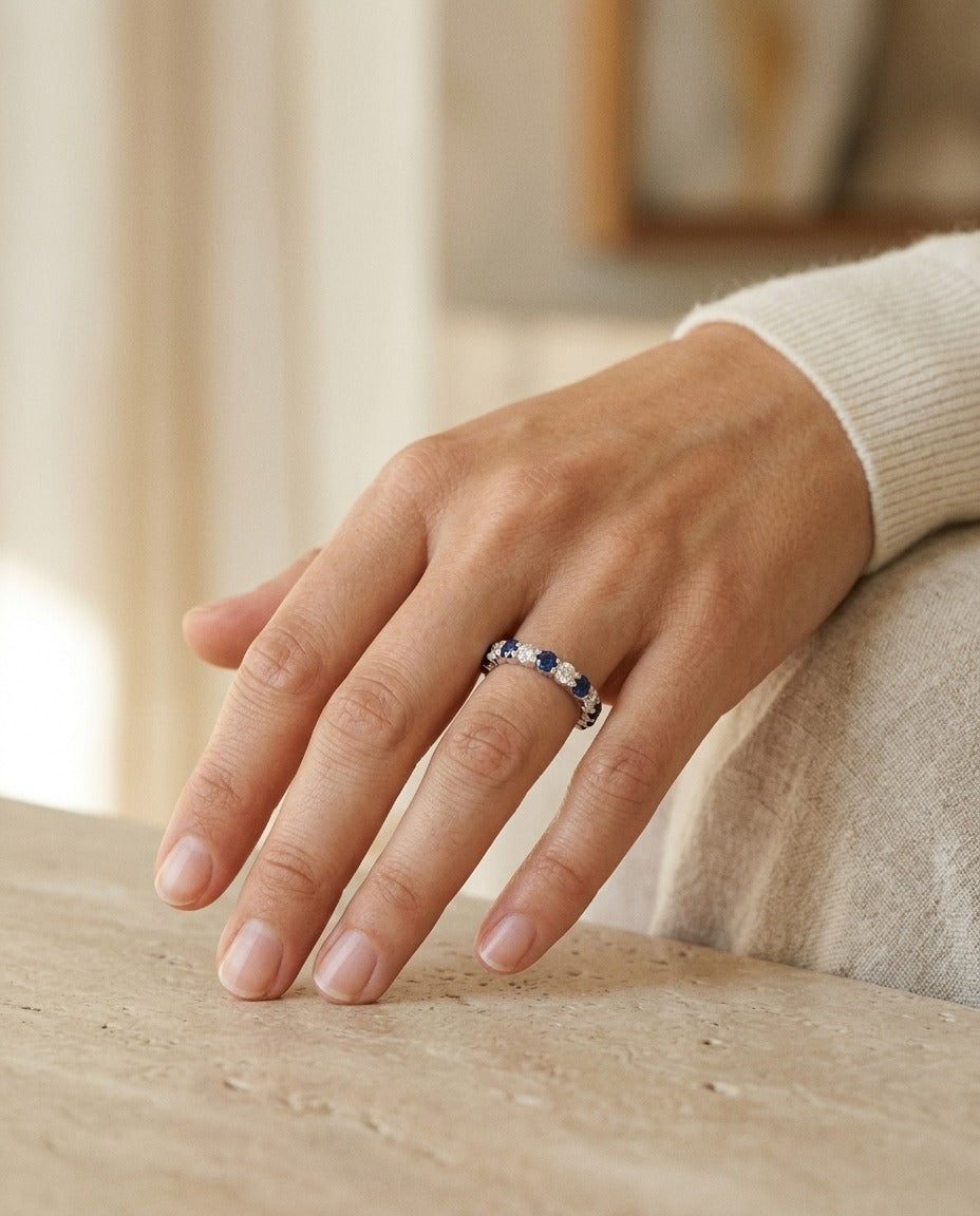 Custom Eternity Band in 14k White Gold with 14 Round Diamonds 1.87ctw and 7 Blue Sapphires 0.75ctw, Finger Size 7, Ckg Stock — portrait close