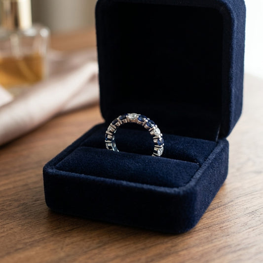 Custom Eternity Band in 14k White Gold with 14 Round Diamonds 1.87ctw and 7 Blue Sapphires 0.75ctw, Finger Size 7, Ckg Stock — velvet box