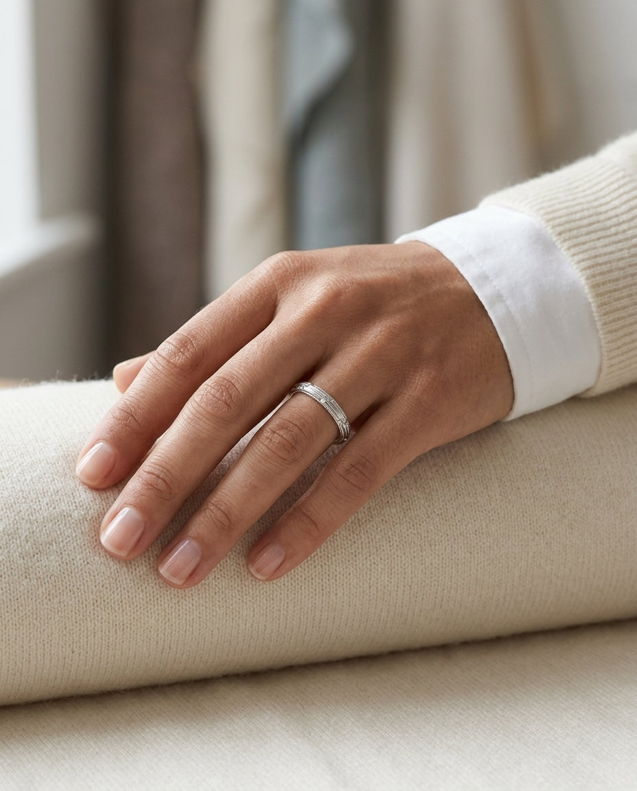 Diamond Striated Stackable Band In 14k White Gold — editorial close-up