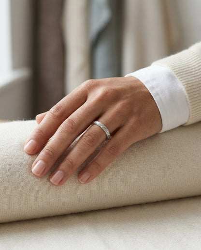 Diamond Striated Stackable Band In 14k White Gold — editorial close-up