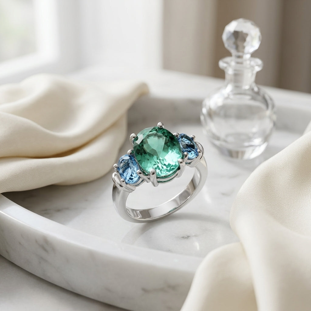 Green Tourmaline And Aquamarine 3 Stone Ring In 14k White Gold — atelier still life