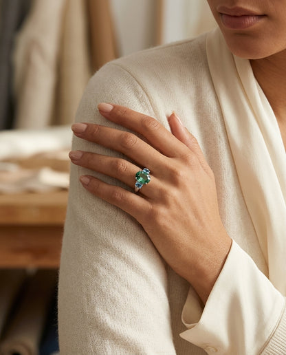 Green Tourmaline And Aquamarine 3 Stone Ring In 14k White Gold — editorial close-up