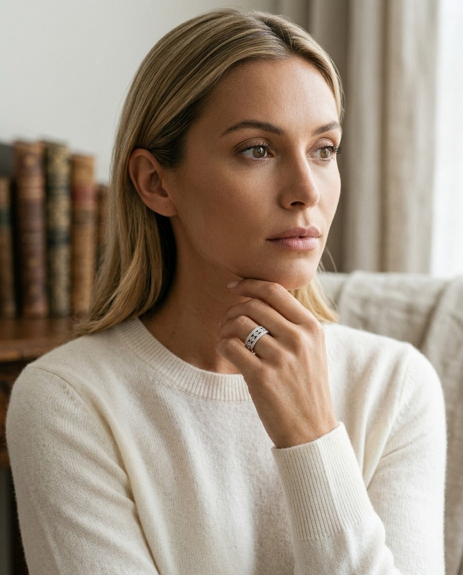 Diamond Shape and Circle Pattern Band with Pave Edging in 14k White Gold (1/2 Ct.tw.) — portrait full