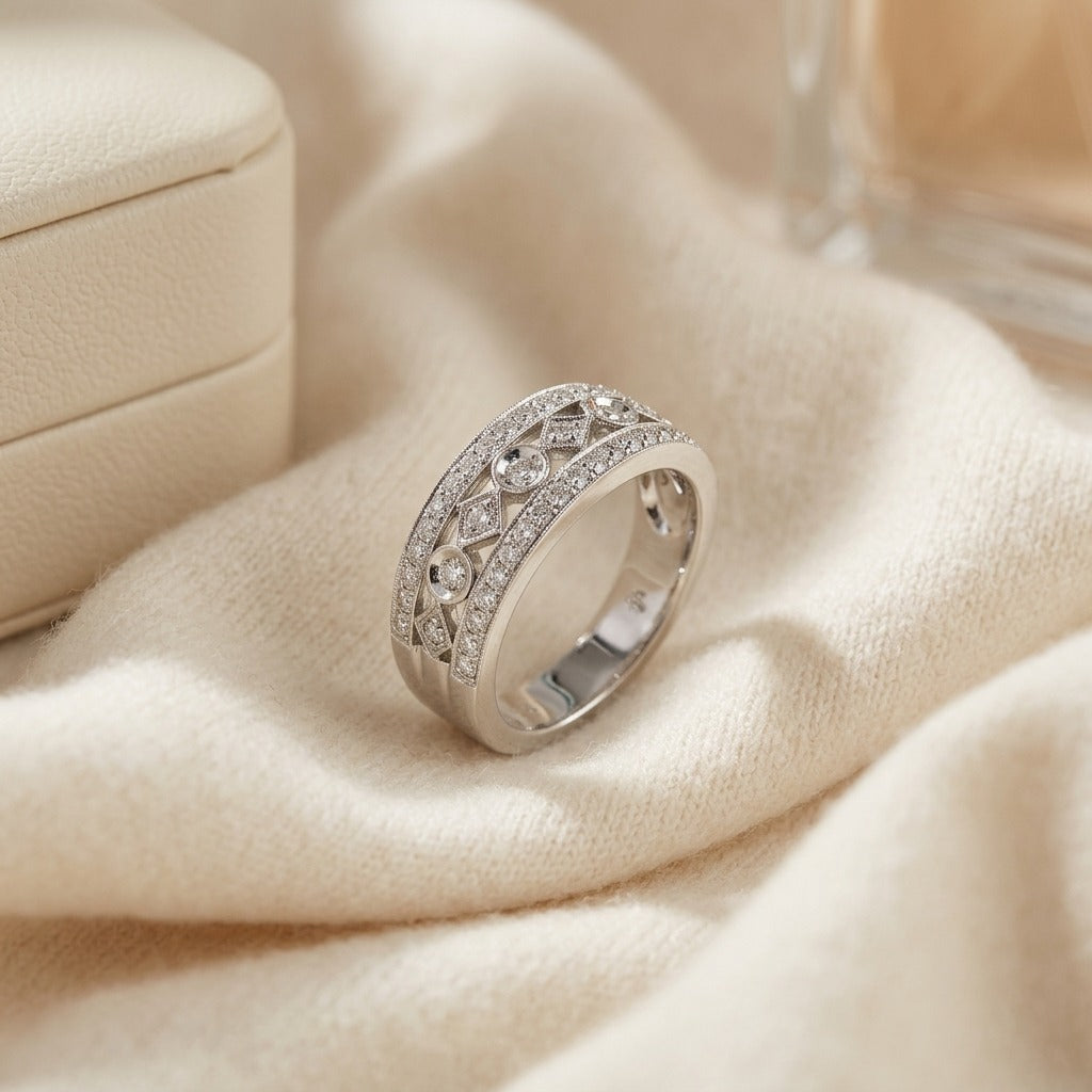 Diamond Shape and Circle Pattern Band with Pave Edging in 14k White Gold (1/2 Ct.tw.) — textile flat lay