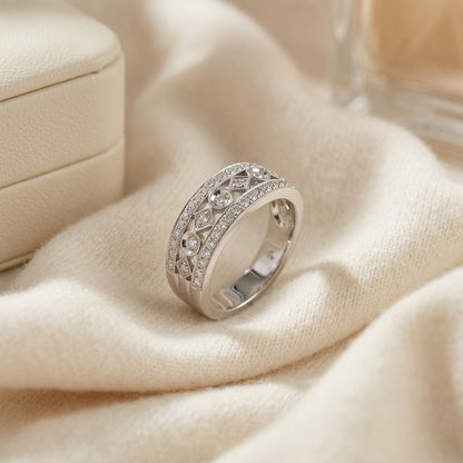 Diamond Shape and Circle Pattern Band with Pave Edging in 14k White Gold (1/2 Ct.tw.) — textile flat lay