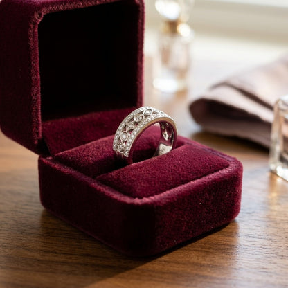 Diamond Shape and Circle Pattern Band with Pave Edging in 14k White Gold (1/2 Ct.tw.) — velvet box