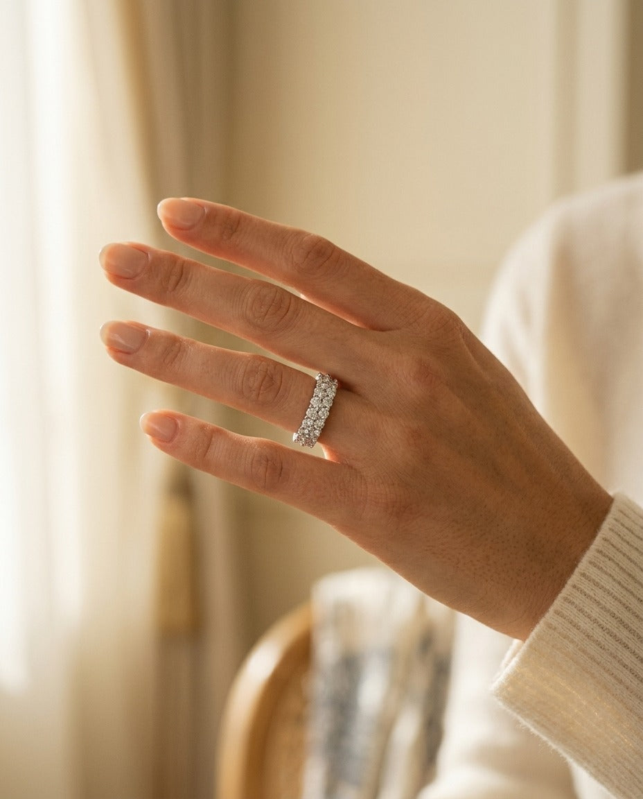Diamond Double Row Shared Prong Band In 14k White Gold — portrait close