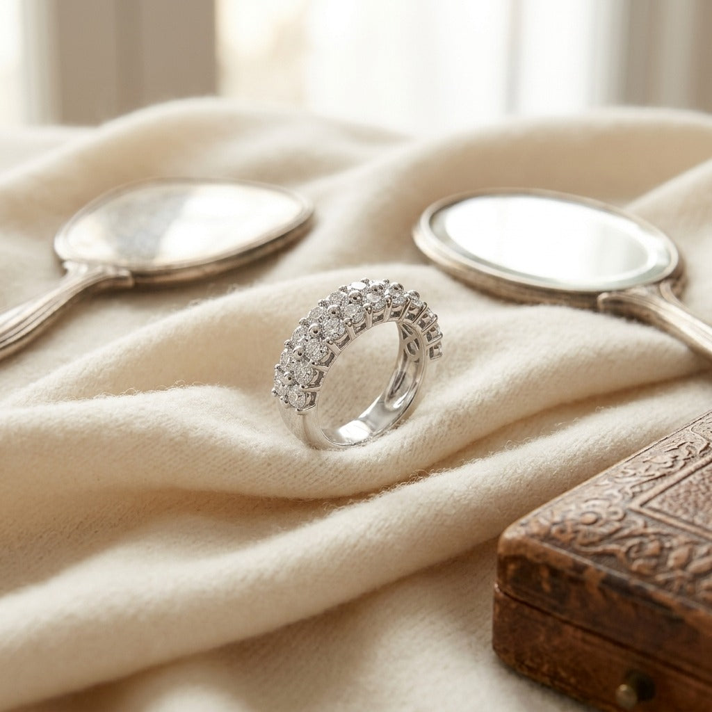 Diamond Double Row Shared Prong Band In 14k White Gold — textile flat lay