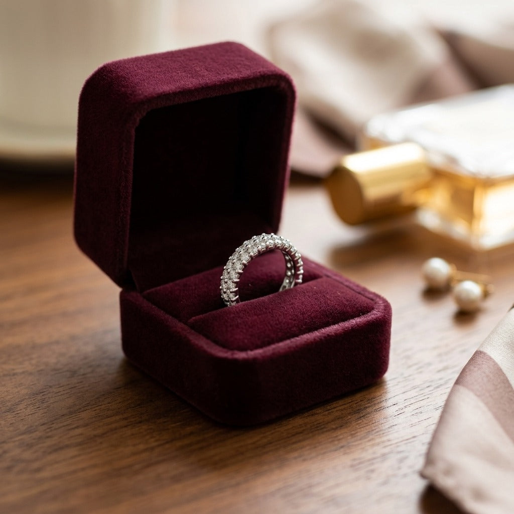 Diamond Double Row Shared Prong Band In 14k White Gold — velvet box