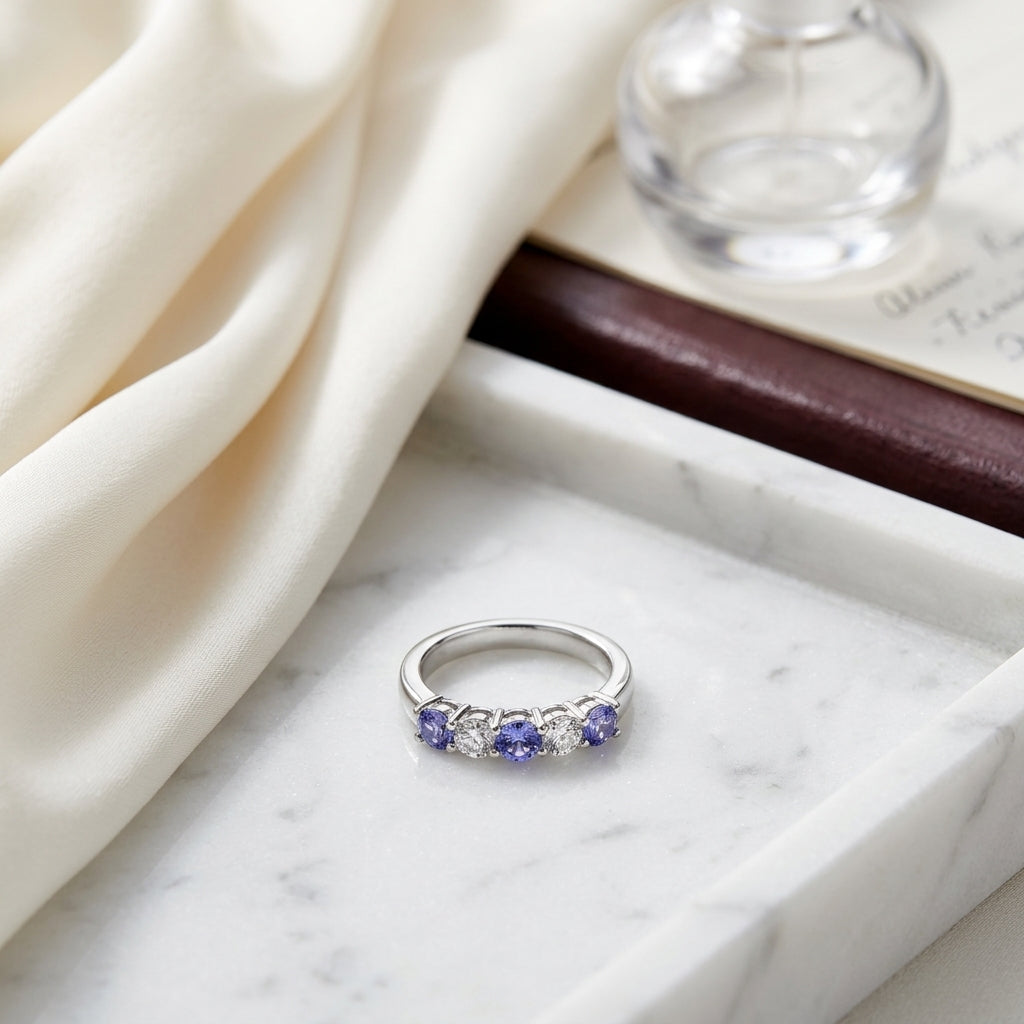Amethyst And Diamond 5 Stone Band In 14k White Gold (1/5 Ct. Tw.) — atelier still life